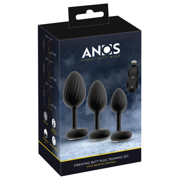 ANOS 3 different sized vibrating anal plugs in a set Black