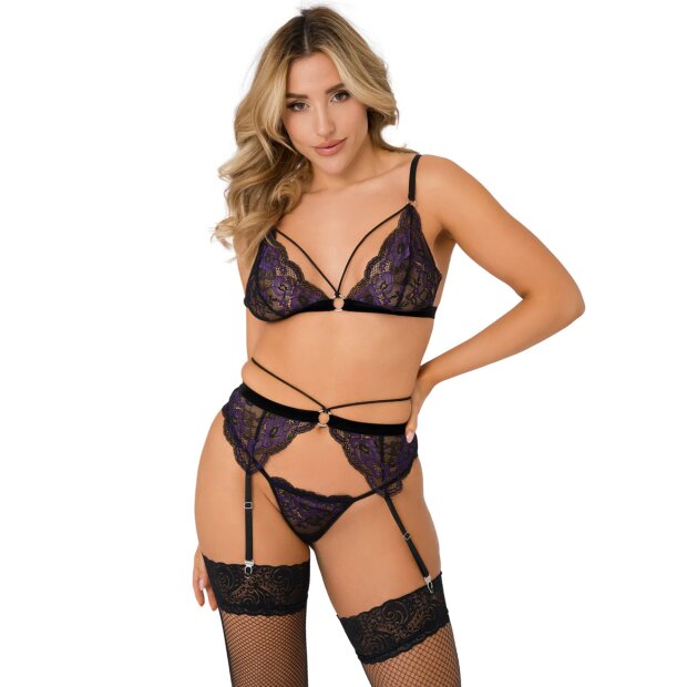 Daring Intimates Ensemble 3 pièces Soutien-Gorge Dentelle, Culotte et Jarretelles Noir Violet L-XL