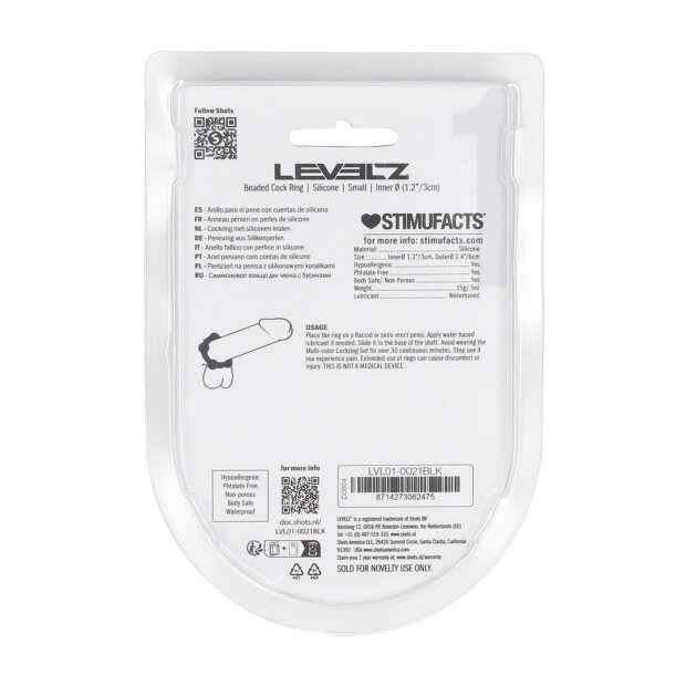 Levelz Anneau pénien en silicone à perles Noir 30 mm Taille S