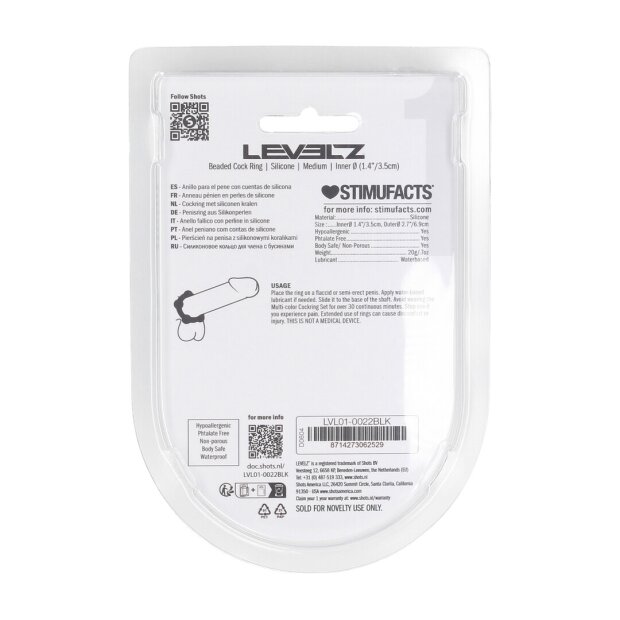 Levelz Anneau pénien en silicone à perles Noir 35 mm Taille M