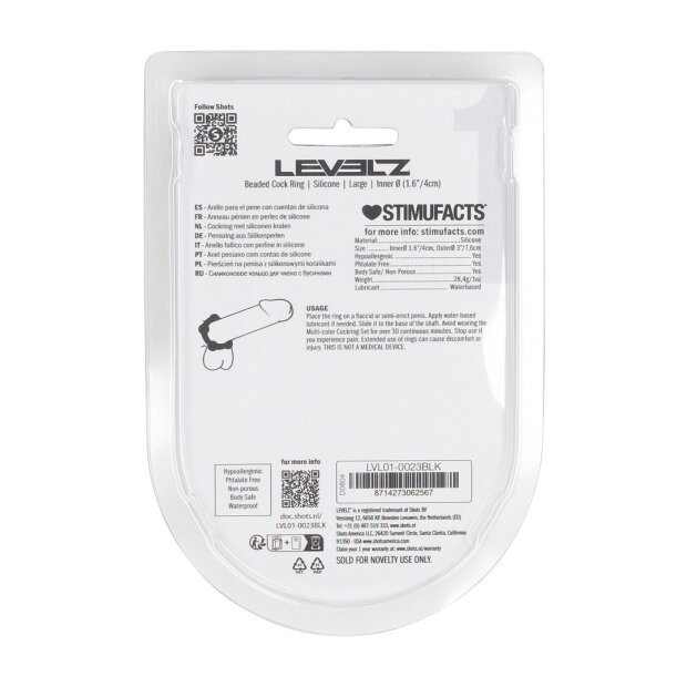 Levelz Anneau pénien en silicone à perles Noir 45 mm Taille L