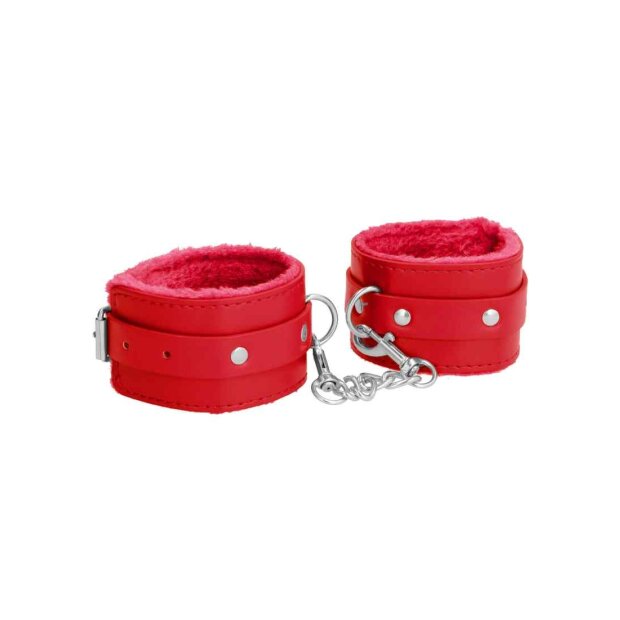 Ouch! Plush Leather Hand Cuffs - Red