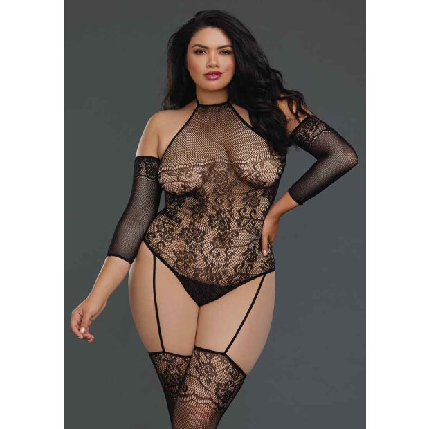 Queen Size Fishnet Teddy Bodystocking - Black