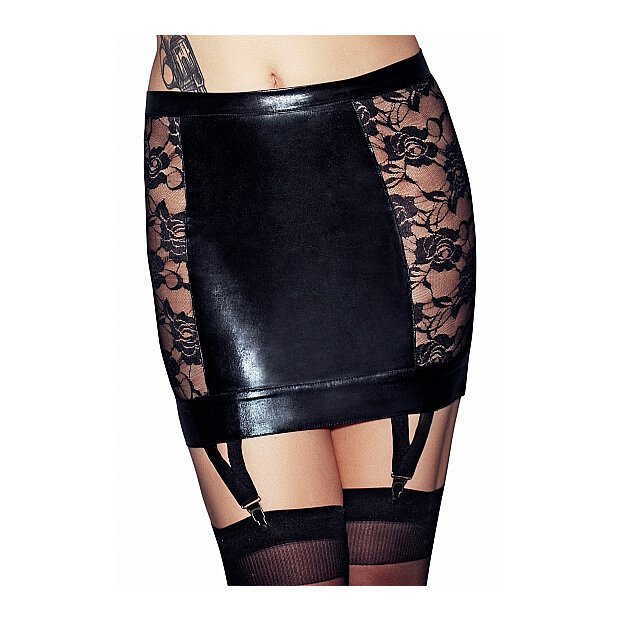LORENA Wetlook and Lace Garter Skirt - Black - XL